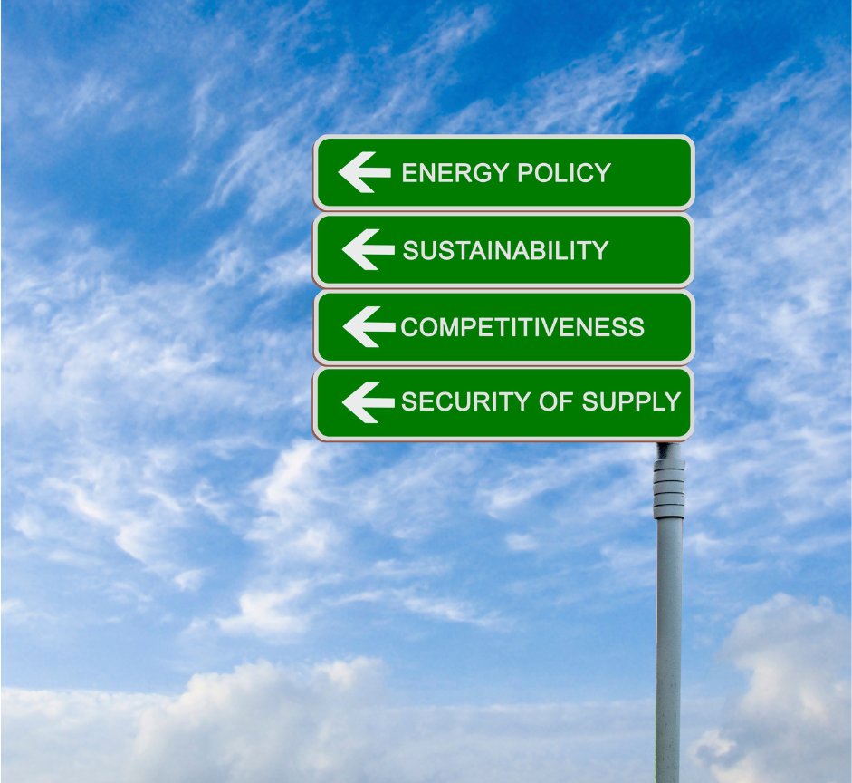 Road signs with energy policy, sustainability, competitiveness, and security of suppley
